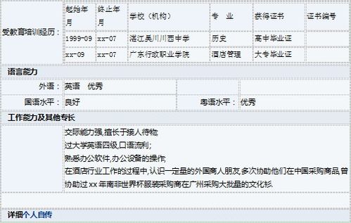 酒店管理类专业个人简历表格
